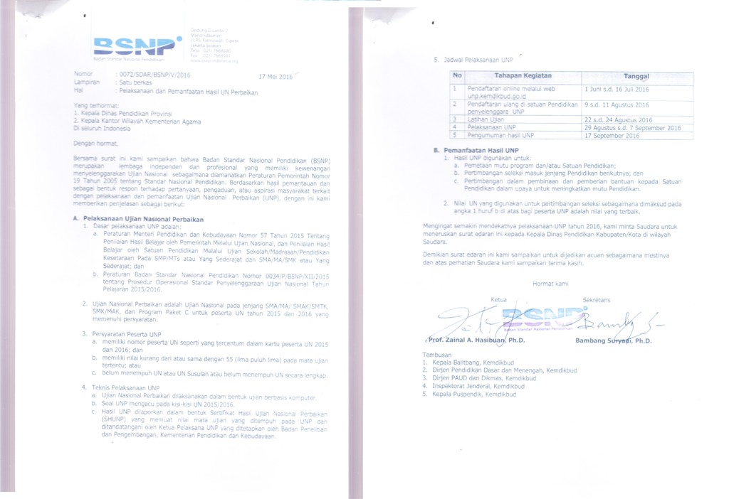 Pelaksanaan Ujian Nasional Perbaikan (UNP) Tahun 2016