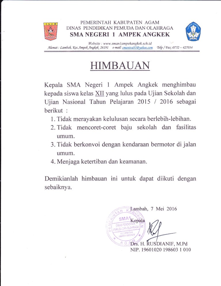 Himbauan Kepala SMAN 1 Ampek Angkek Kepada Kelas XII TP. 2015/2016