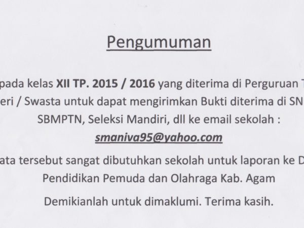 Pemberitahuan Buat Kelas XII TP. 2015/2016 Yang telah diterima di PTN/ PTS