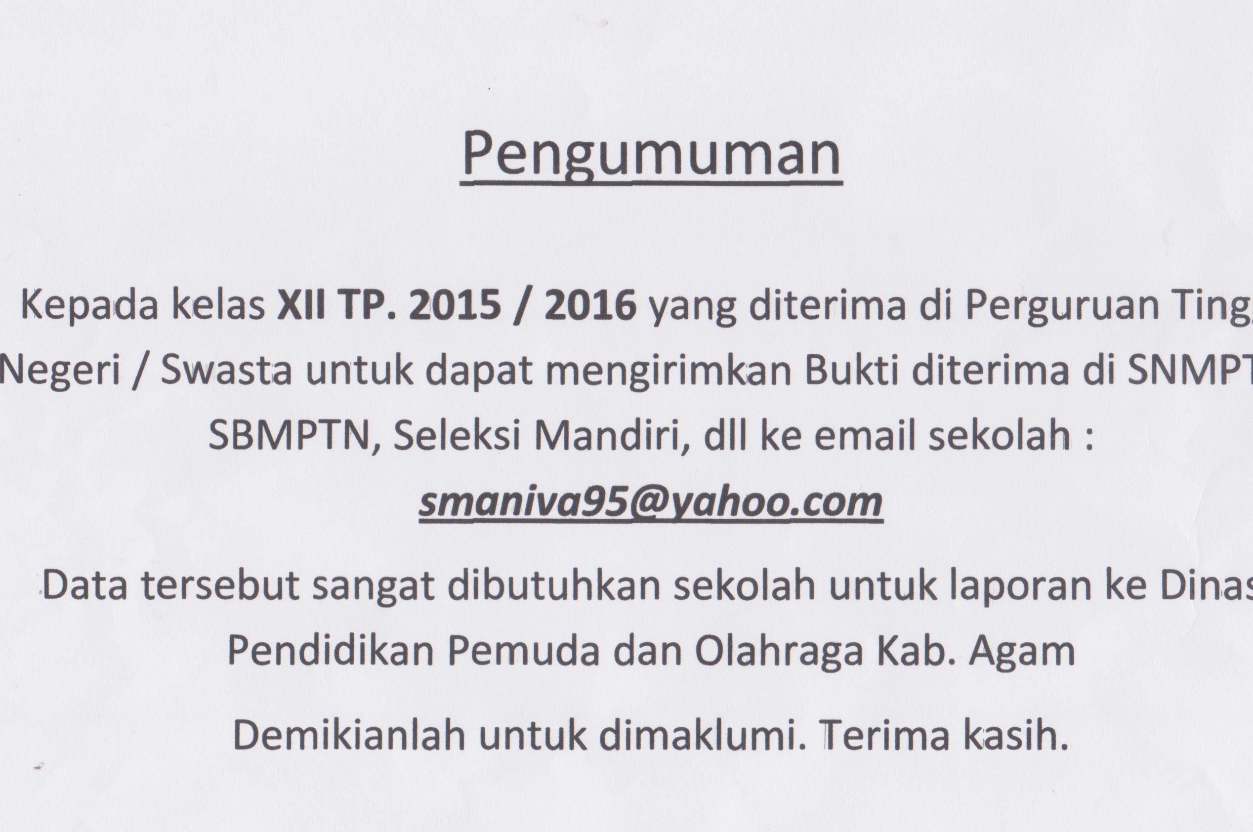 Pemberitahuan Buat Kelas XII TP. 2015/2016 Yang telah diterima di PTN/ PTS