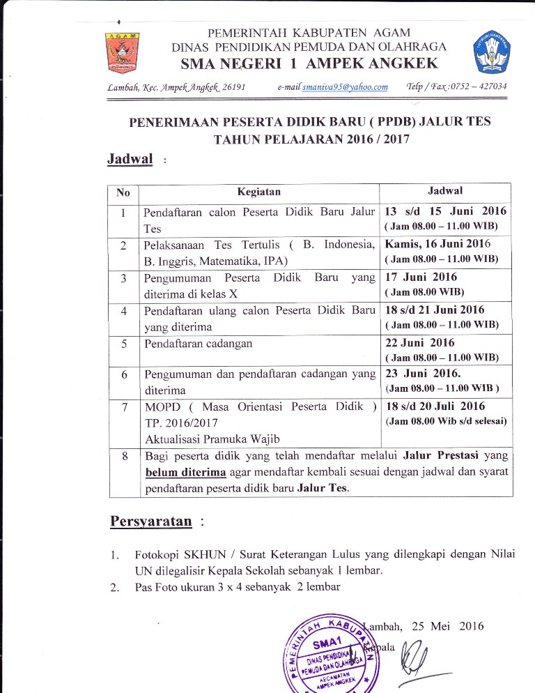 Jadwal Penerimaan Peserta Didik Baru TP. 2016/ 2017 Jalur Tes