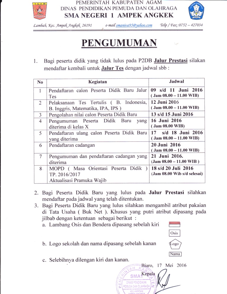 Pengumuman Agenda Peserta Didik Baru TP. 2016/ 2017