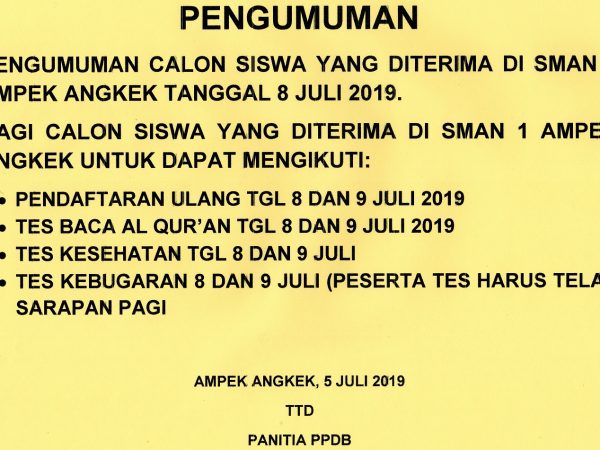 Pengumuman dan Daftar Ulang PPDB TP. 2019/2020 Lulus Seleksi Online