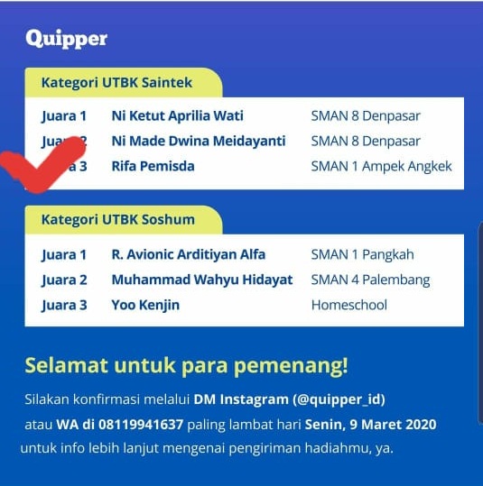 Selamat kepada Rifa Pemisda Kelas XII MIPA 3 meraih Peringkat Ke III kategori Saintek pada try out quipper yang dilaksanakan pd tanggal 26 Feb 2020