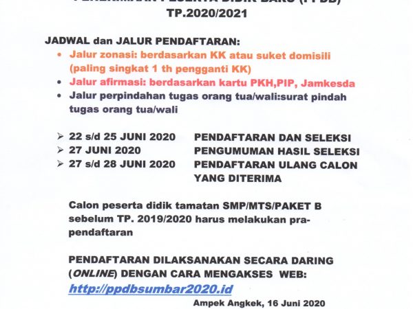 Informasi Pendaftaran PPDB SMAN 1 Ampek Angkek  TP. 2020/2021