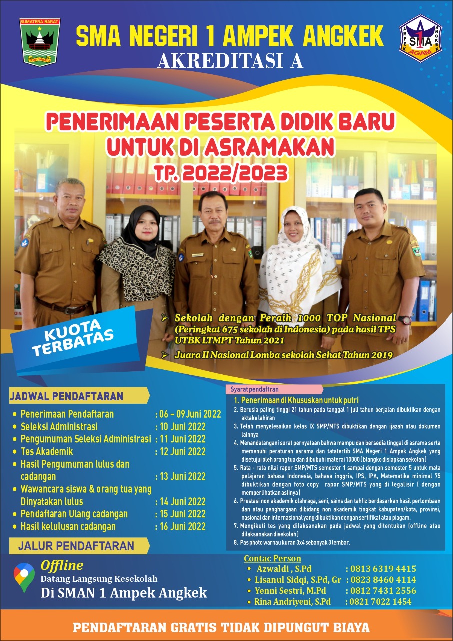 Penerimaan Peserta Didik Baru (PPDB)    SMAN 1 Ampek Angkek untuk di Asramakan TP. 2022/2023