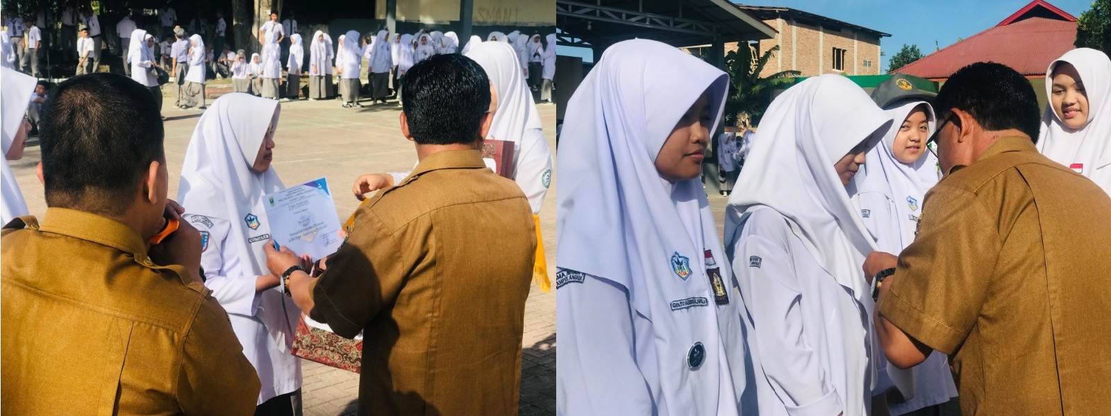 Kepala sekolah sematkan Pin Komunitas Perpustakaan sekaligus memberikan rewot peminjam dan pengunjung perpustakaan teraktif