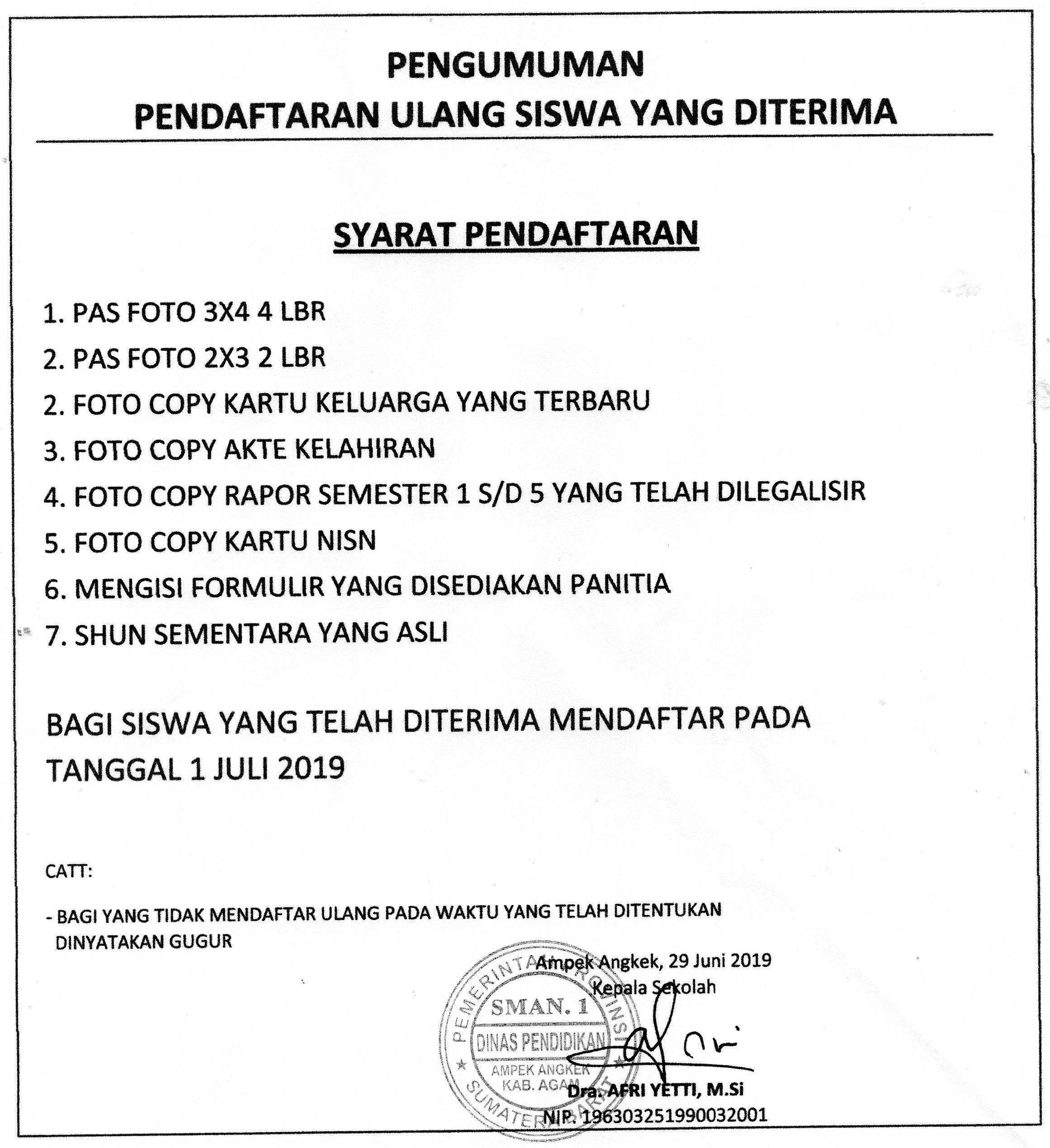 Syarat Pendafaran Ulang PPDB Jalur Prestasi TP. 2019/2020